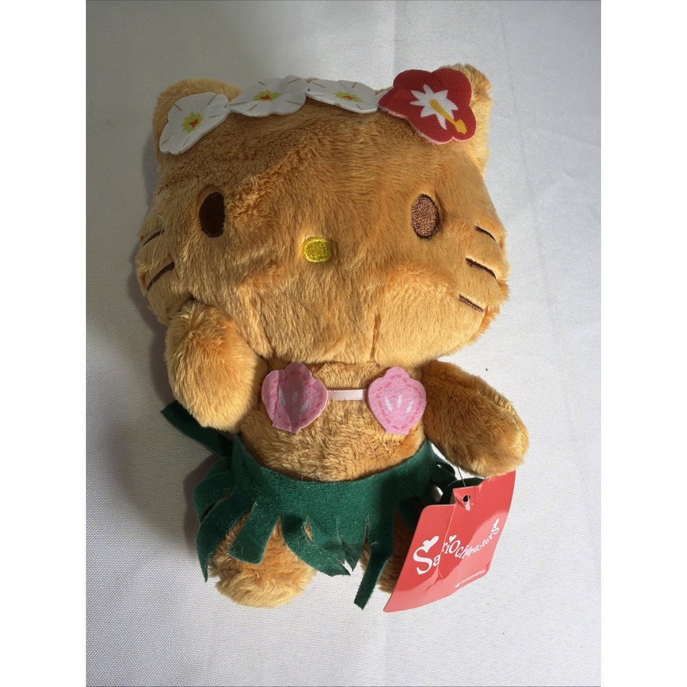 Hello Kitty Hula Plush Doll Hawaiian Luau Tropical Skirt Flower Crown 8"  NWT
